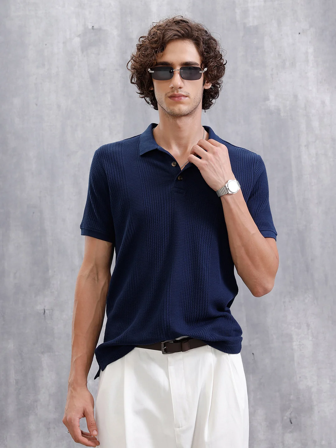 Waffle Textured Polo T-Shirt -  | Navy Blue - Image 4