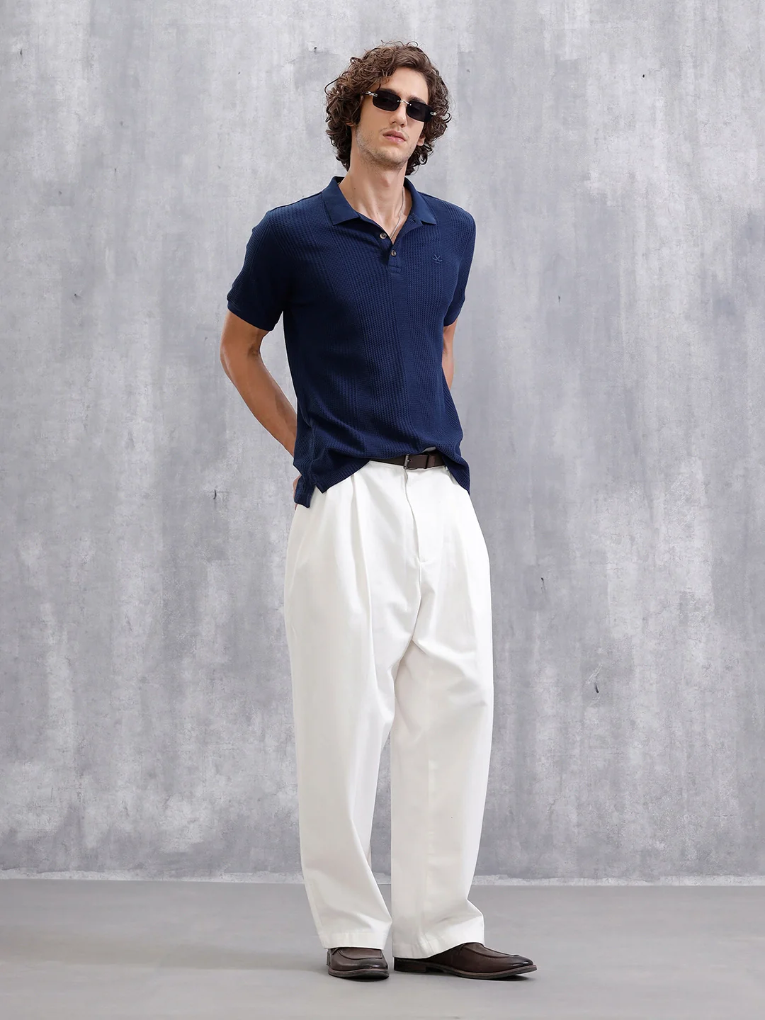 Waffle Textured Polo T-Shirt -  | Navy Blue - Image 5