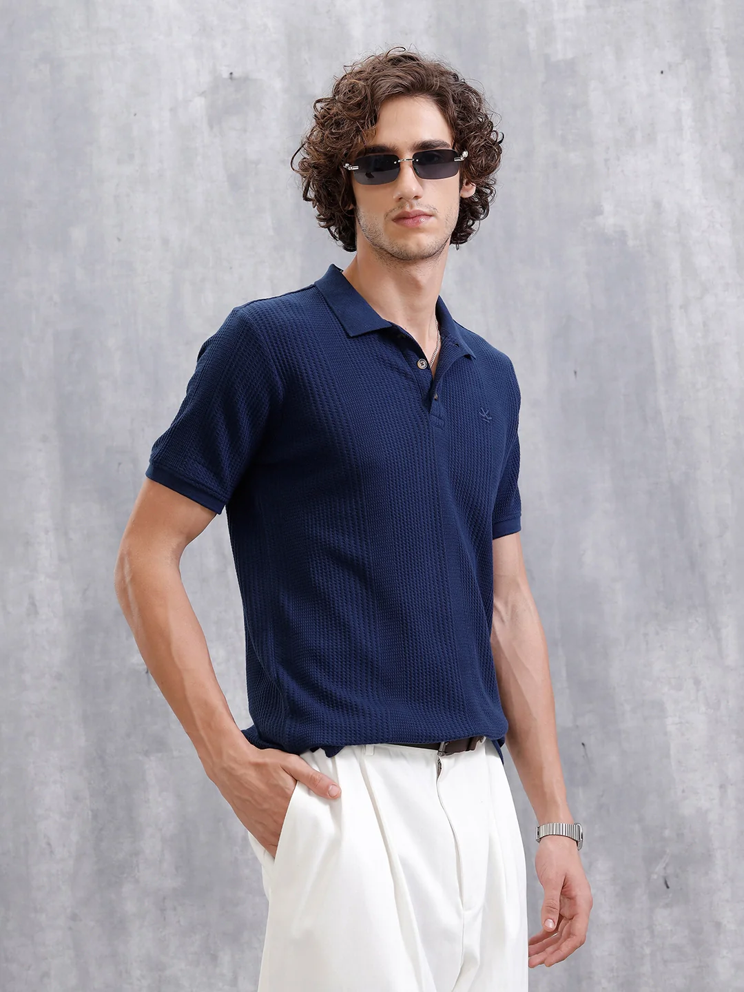 Waffle Textured Polo T-Shirt -  | Navy Blue - Image 7