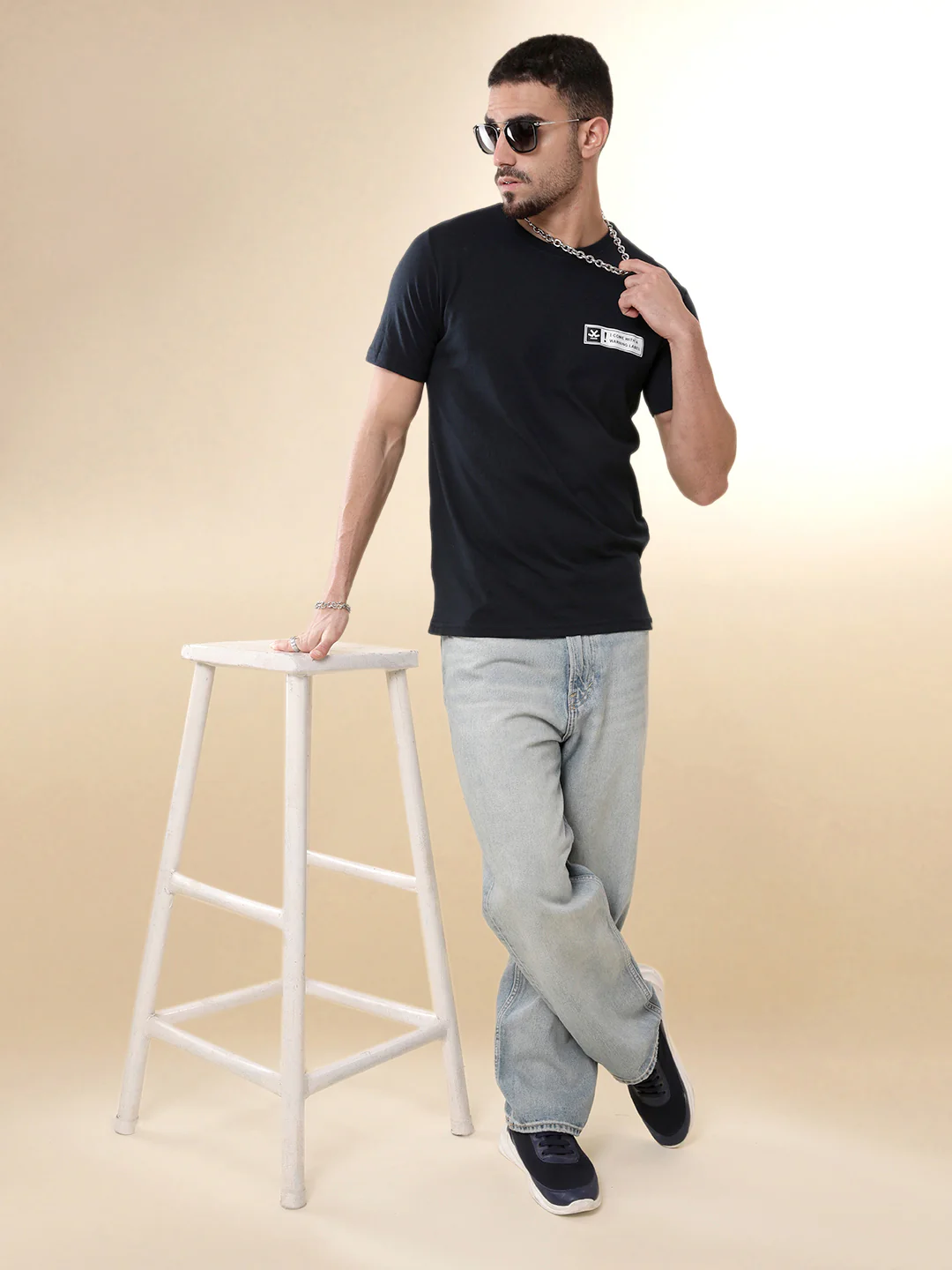 Warning Label Printed Navy T-Shirt - Image 2