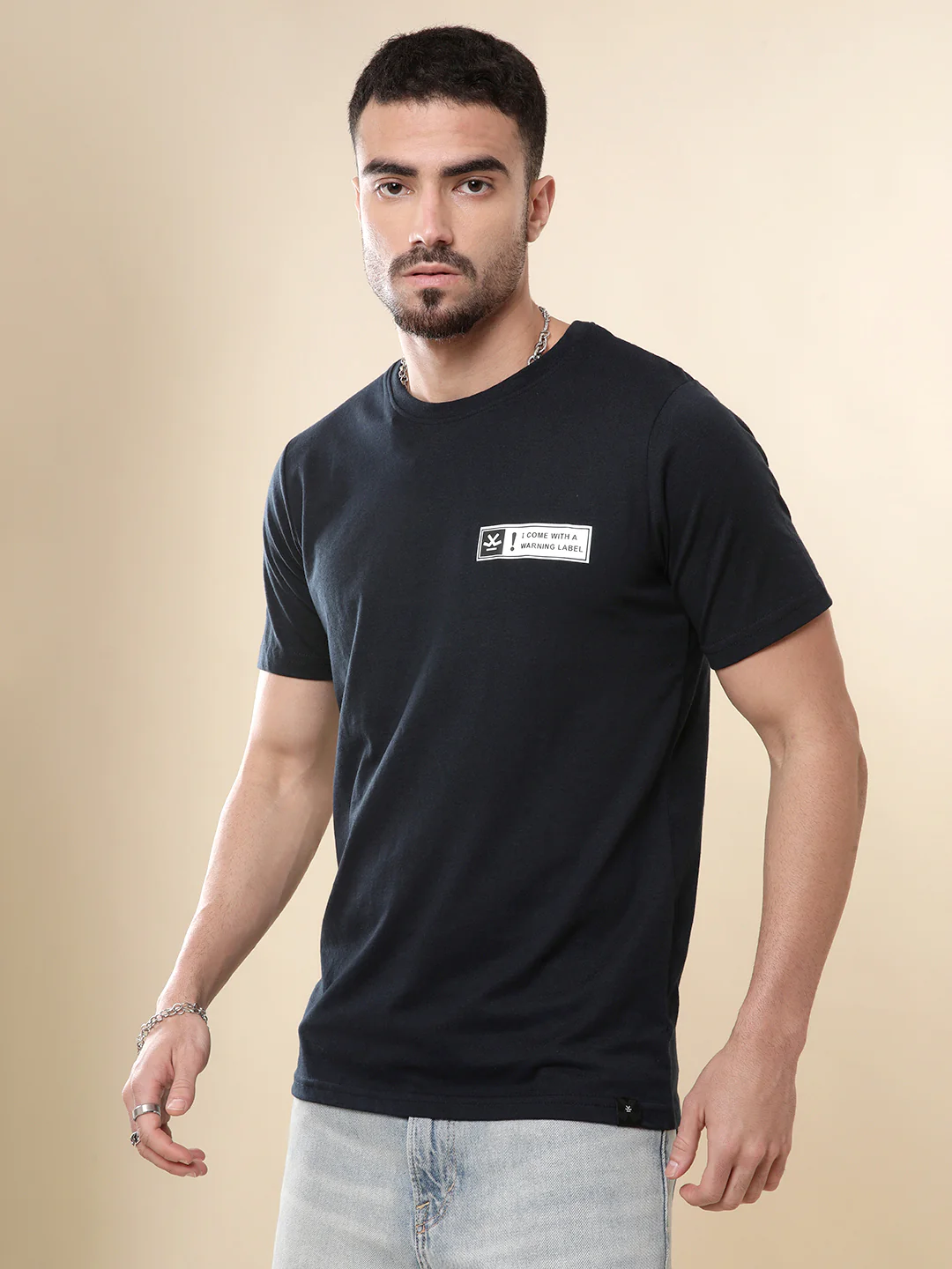 Warning Label Printed Navy T-Shirt - Image 4
