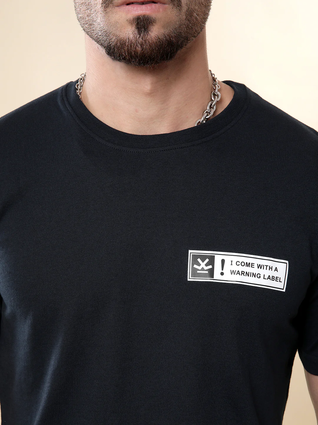 Warning Label Printed Navy T-Shirt - Image 5