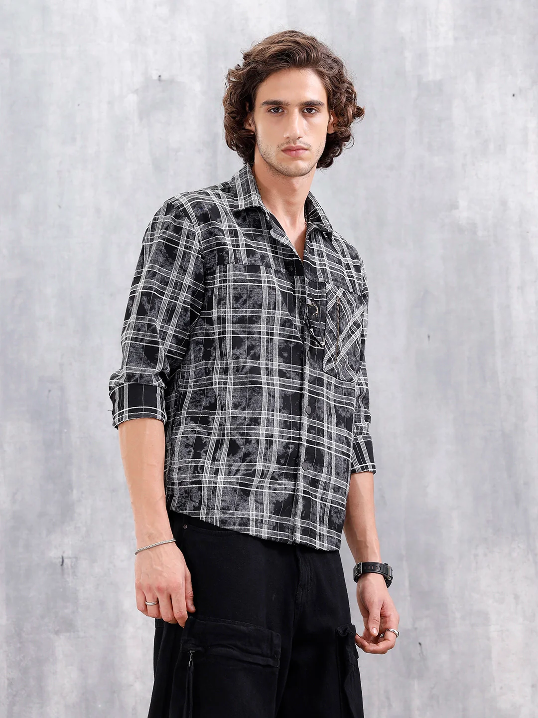 Wash Printed Overshirt With Chenille Yarn Check | Black - Image 2