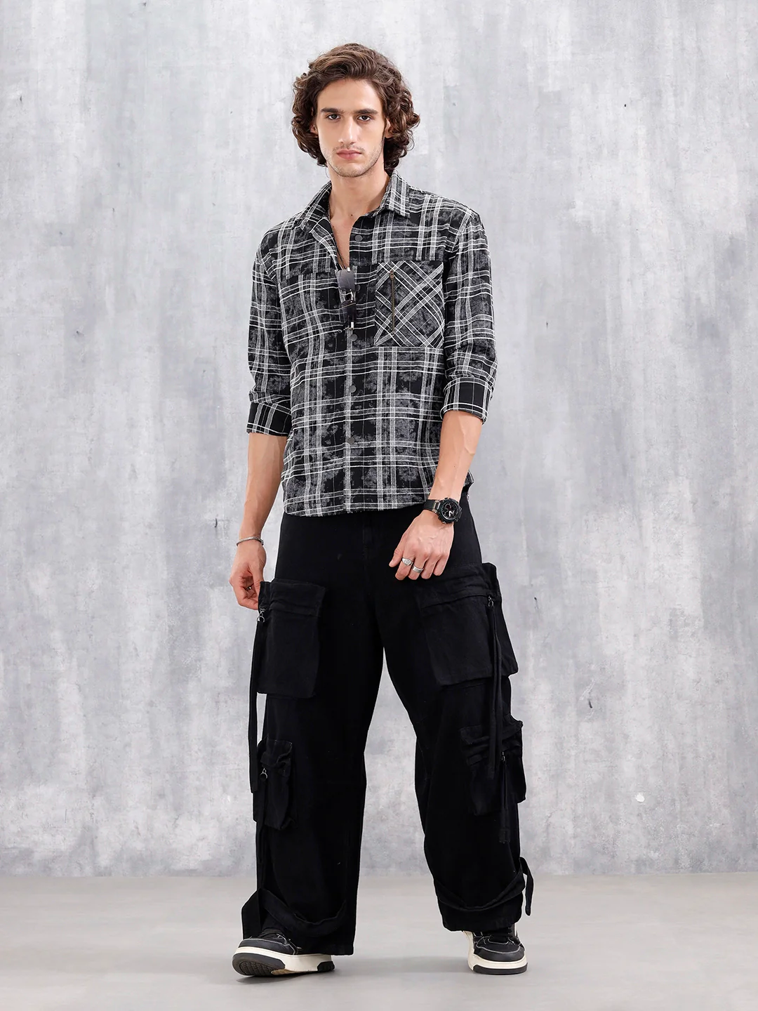 Wash Printed Overshirt With Chenille Yarn Check | Black - Image 3