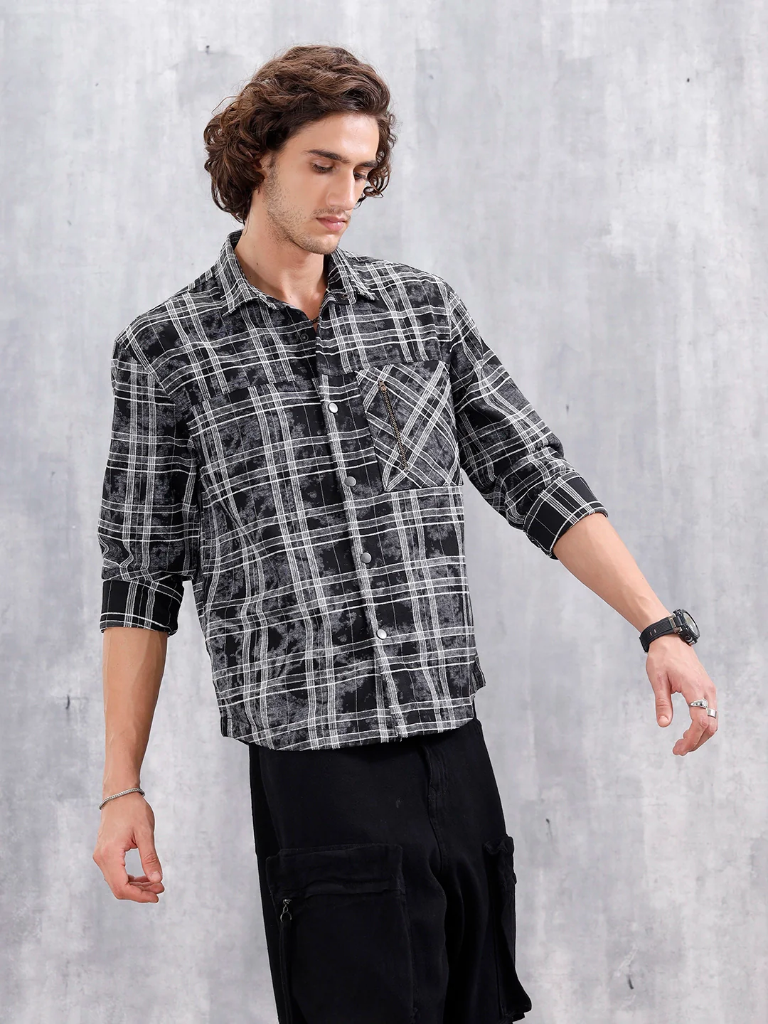 Wash Printed Overshirt With Chenille Yarn Check | Black - Image 5