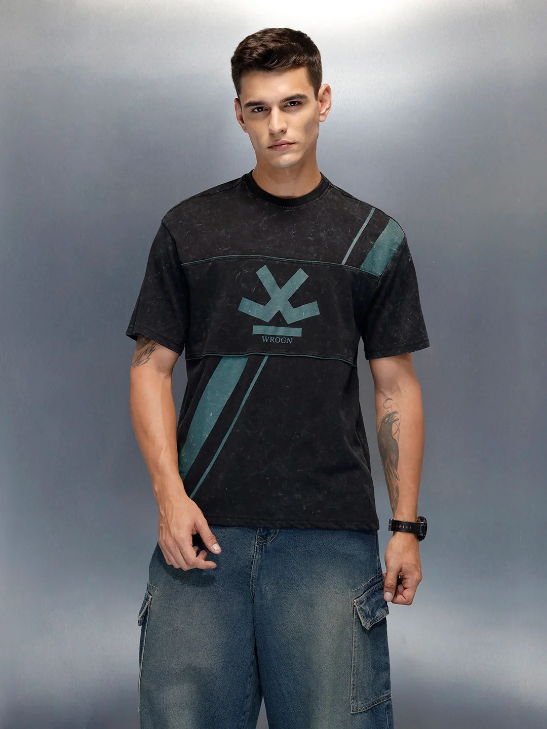 Washed Cut& Sew Graphic Printed Oversized Fit T-Shirt | Black - Image 2