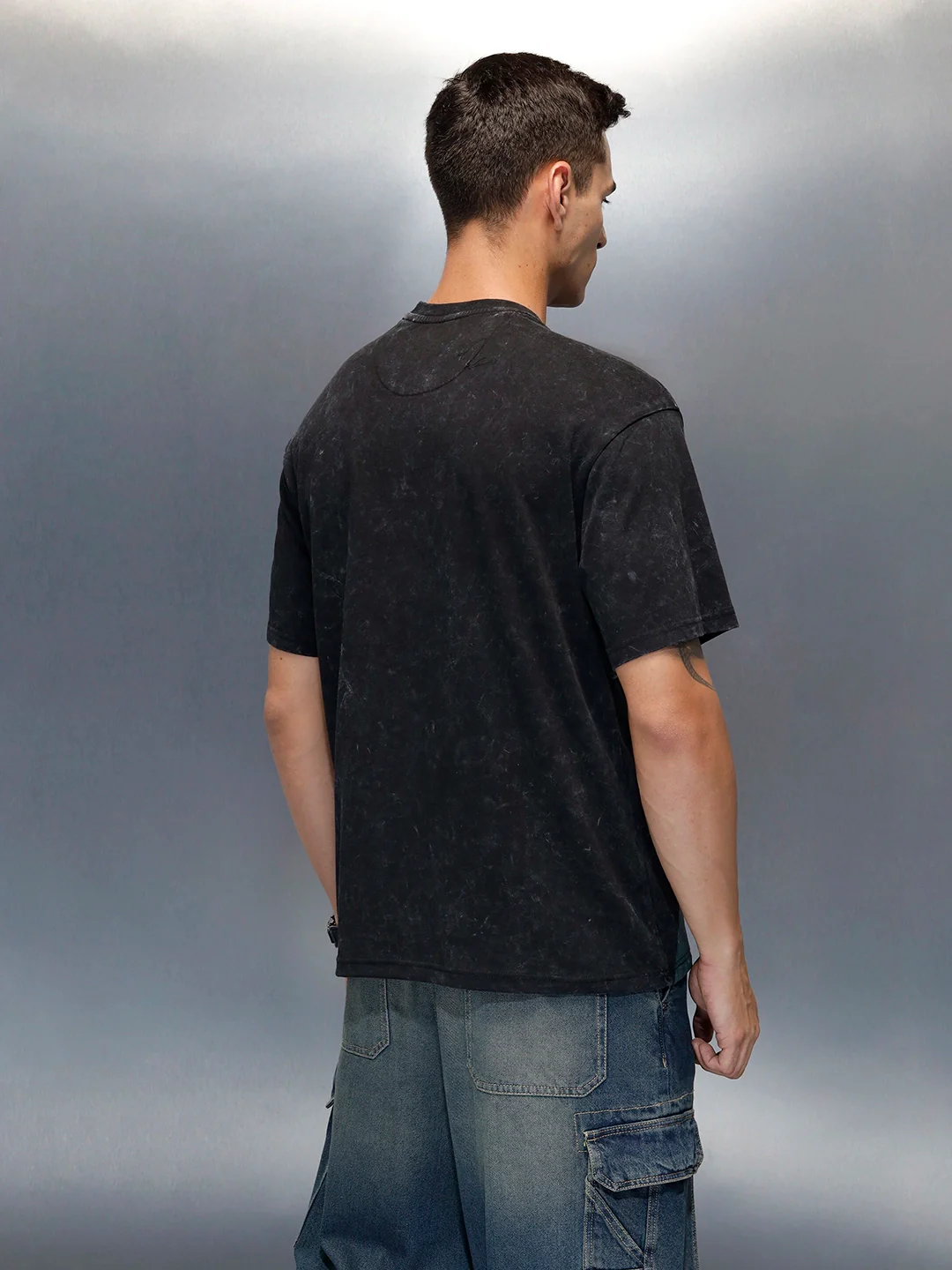 Washed Cut& Sew Graphic Printed Oversized Fit T-Shirt | Black - Image 4