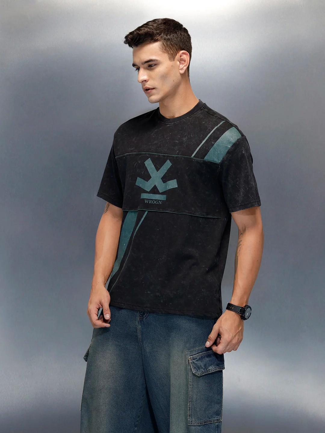 Washed Cut& Sew Graphic Printed Oversized Fit T-Shirt | Black - Image 5