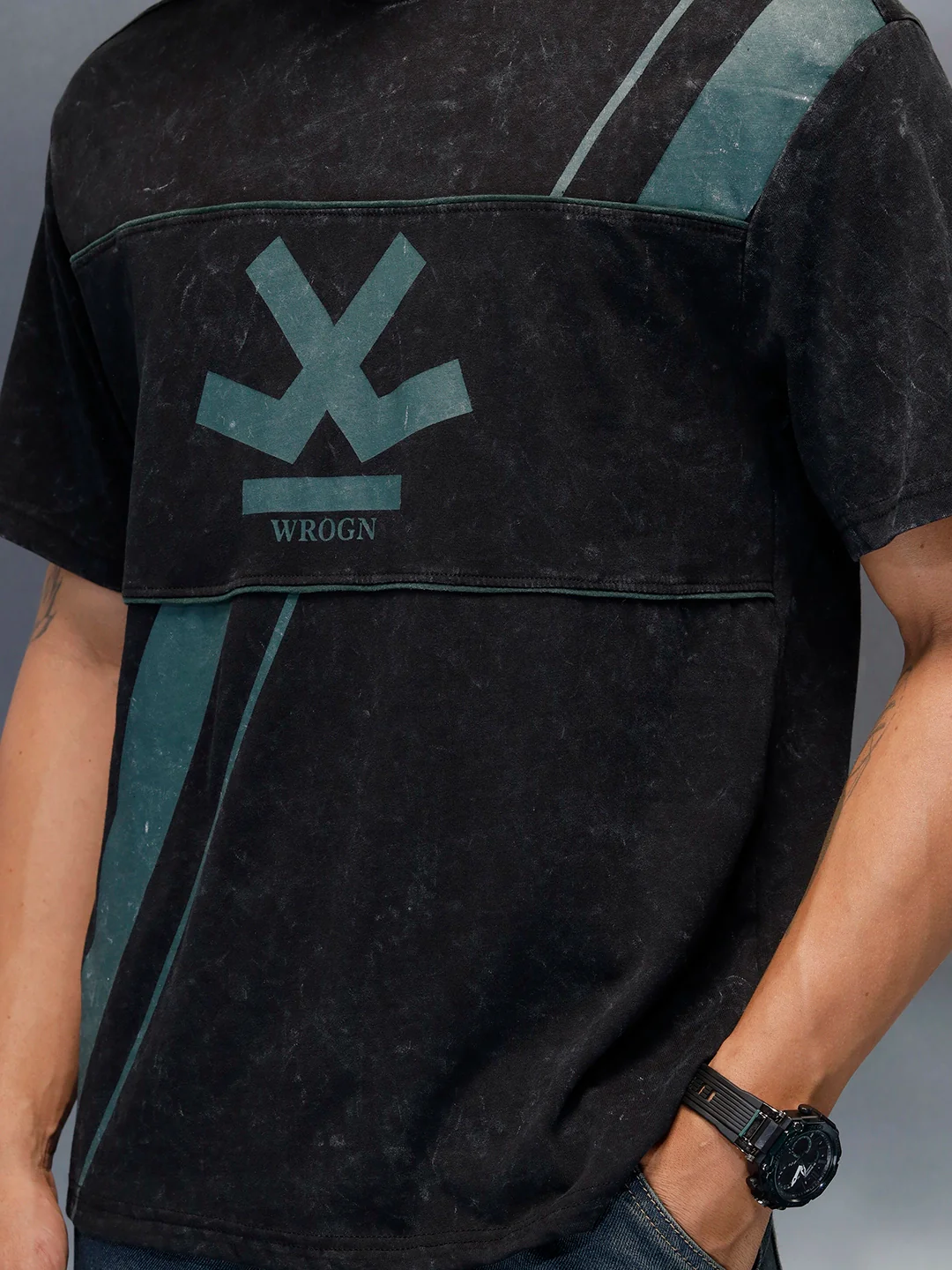 Washed Cut& Sew Graphic Printed Oversized Fit T-Shirt | Black - Image 7