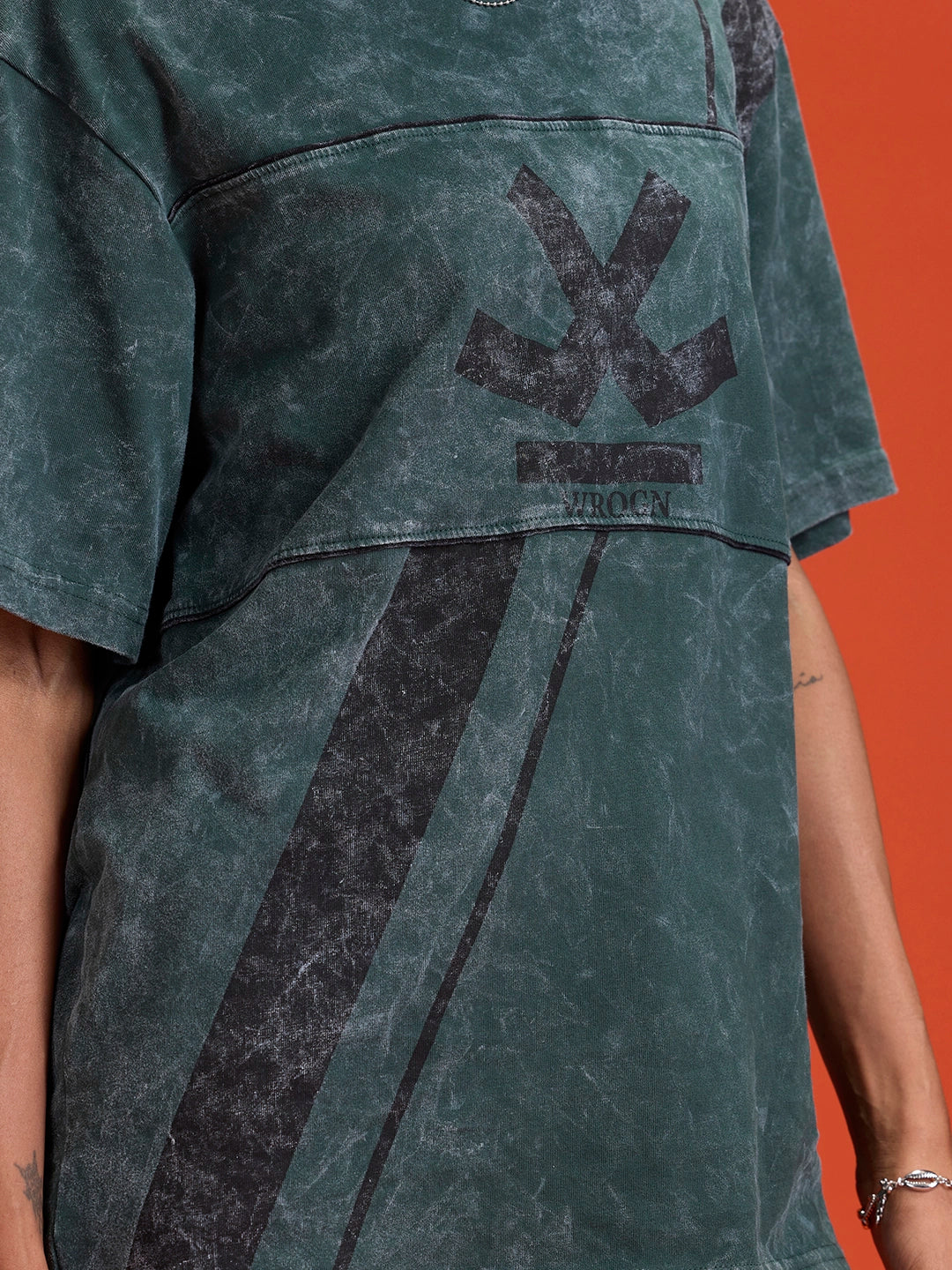 Washed Cut & Sew Graphic Printed Oversized Fit T-Shirt | Dark Green - Image 10