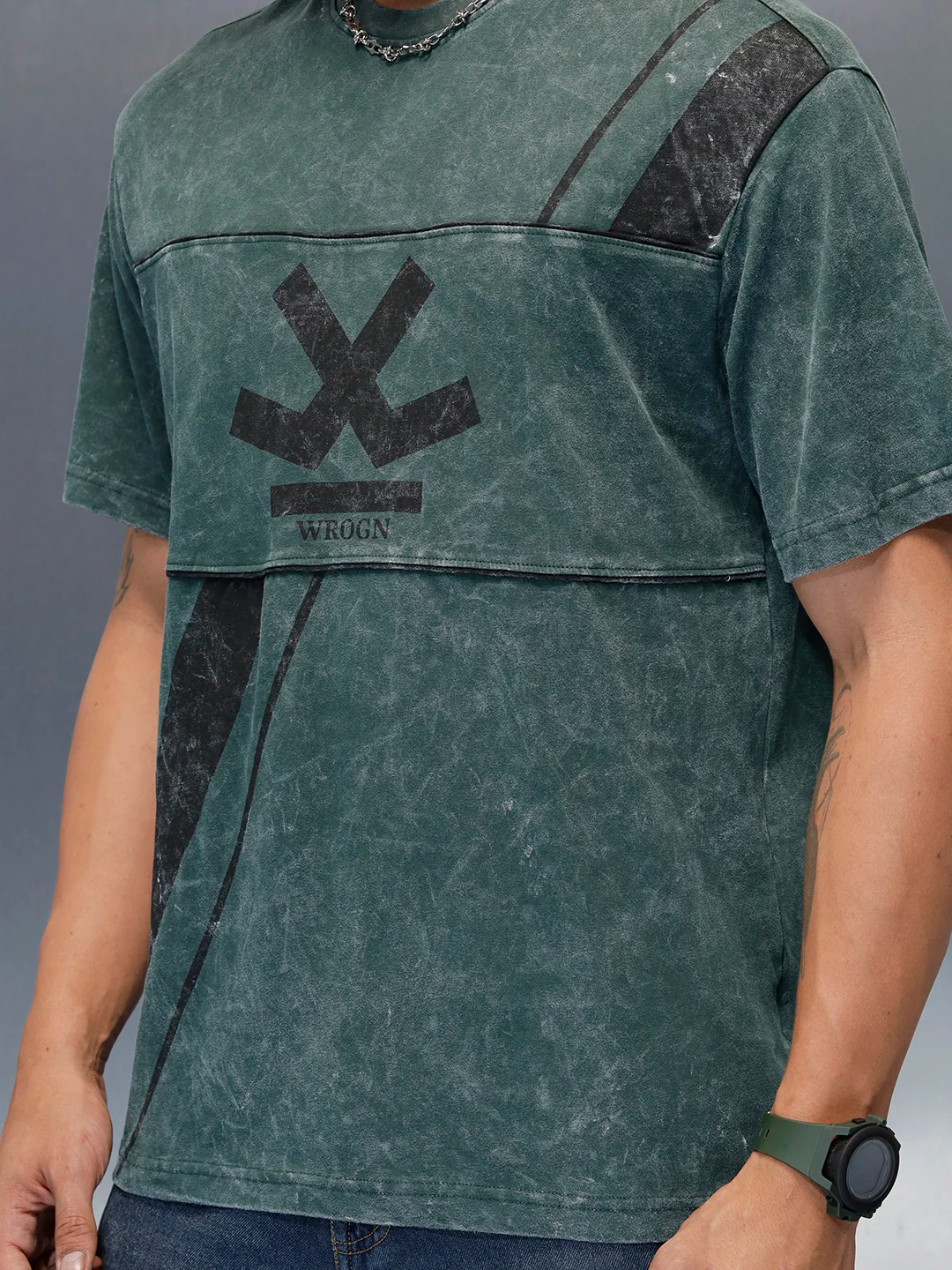 Washed Cut & Sew Graphic Printed Oversized Fit T-Shirt | Dark Green - Image 11