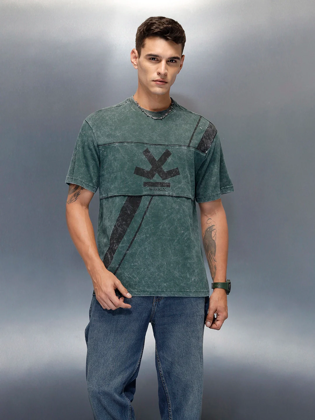 Washed Cut & Sew Graphic Printed Oversized Fit T-Shirt | Dark Green - Image 2
