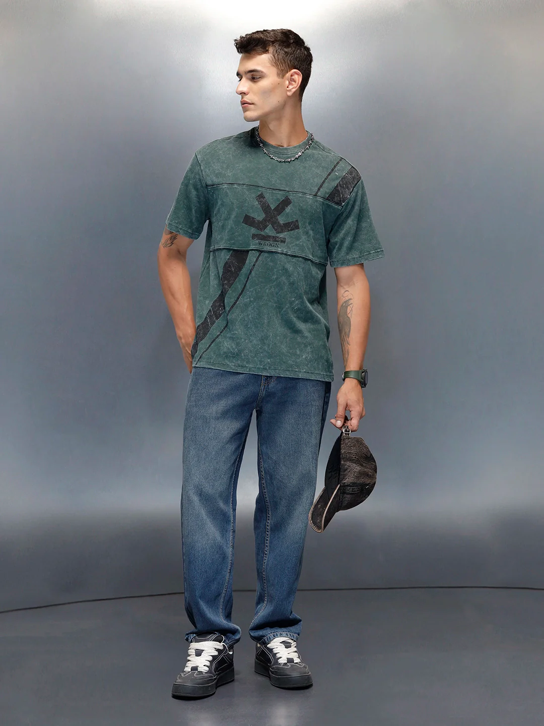 Washed Cut & Sew Graphic Printed Oversized Fit T-Shirt | Dark Green - Image 4