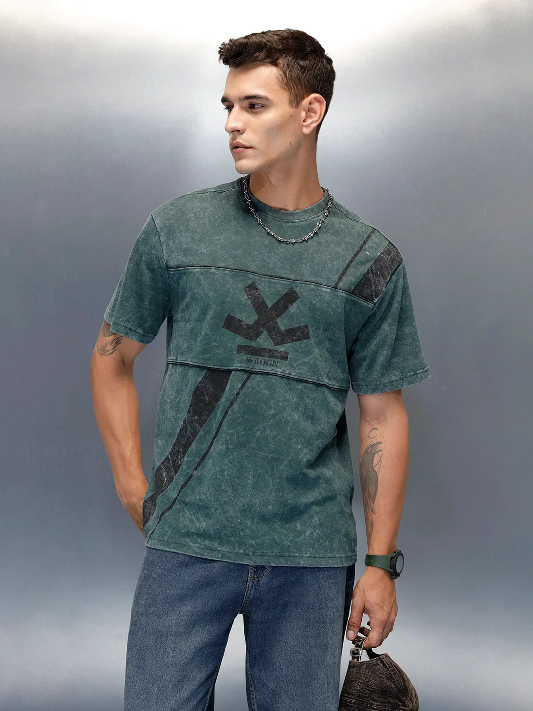 Washed Cut & Sew Graphic Printed Oversized Fit T-Shirt | Dark Green - Image 6