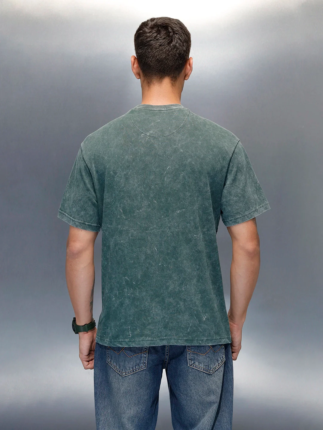 Washed Cut & Sew Graphic Printed Oversized Fit T-Shirt | Dark Green - Image 7