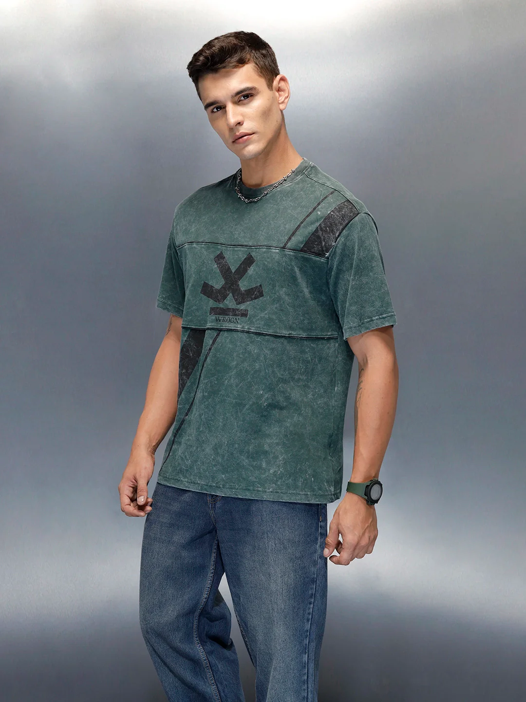Washed Cut & Sew Graphic Printed Oversized Fit T-Shirt | Dark Green - Image 8