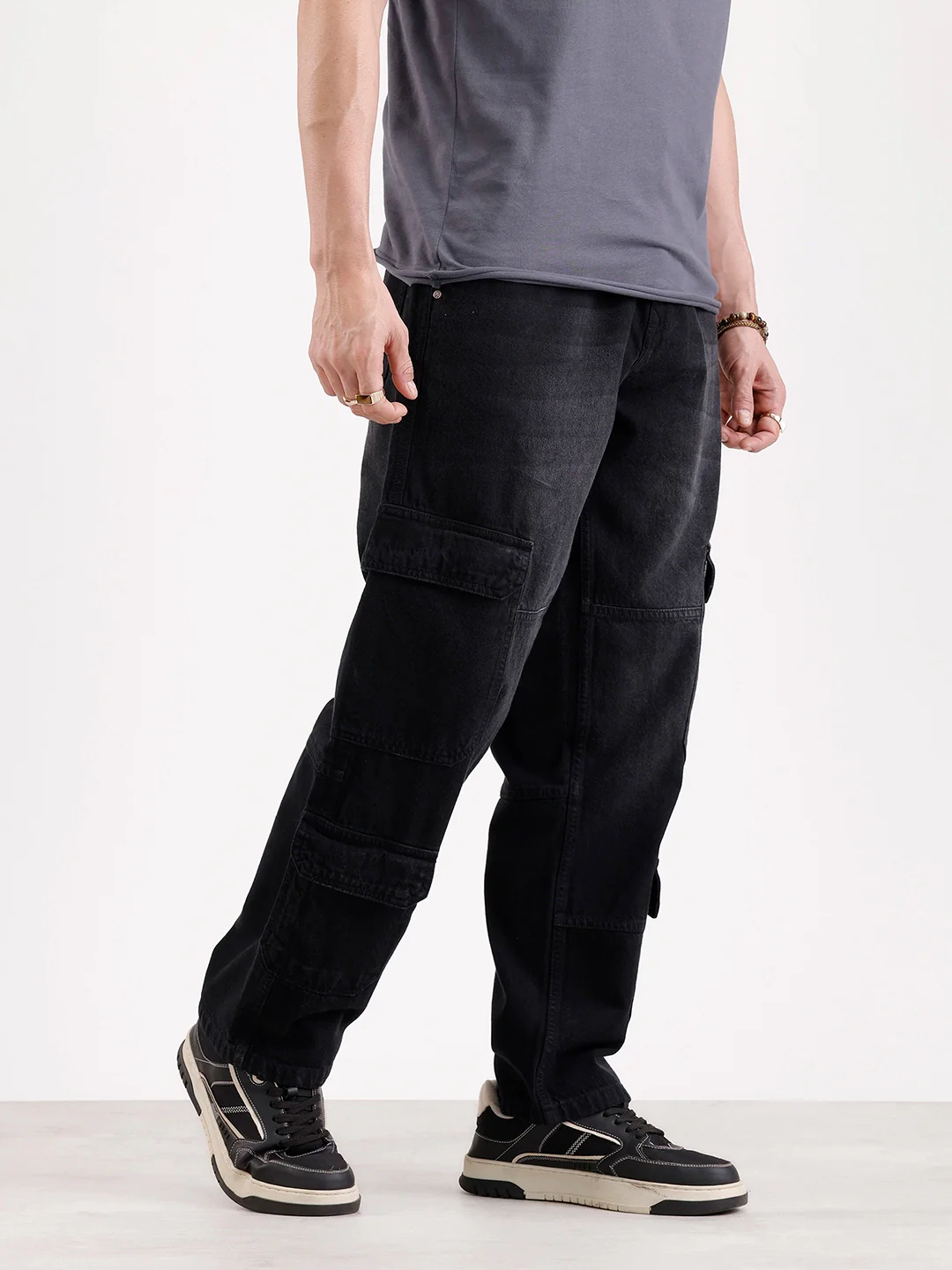 Washed Loose Fit Cargo Denim   |  Grey - Image 4