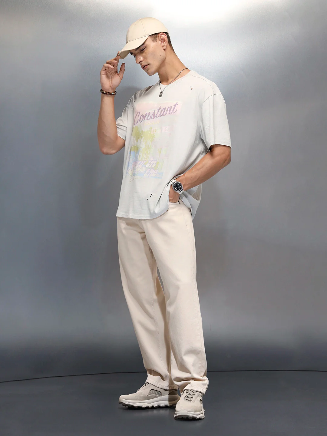 Washed Men's Casual Graphic Printed Oevrsized Fit T-Shirt | Grey - Image 2