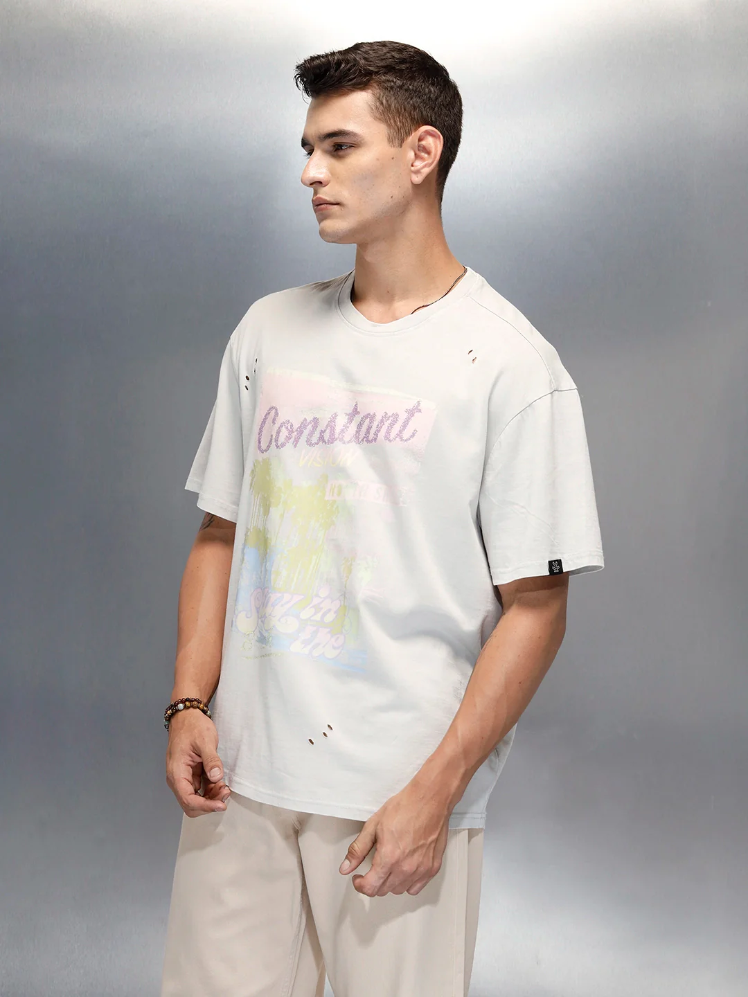 Washed Men's Casual Graphic Printed Oevrsized Fit T-Shirt | Grey - Image 4