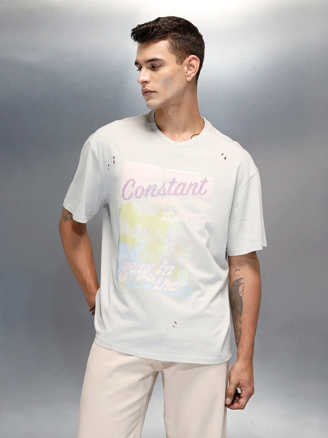 Washed Men's Casual Graphic Printed Oevrsized Fit T-Shirt | Grey - Image 5