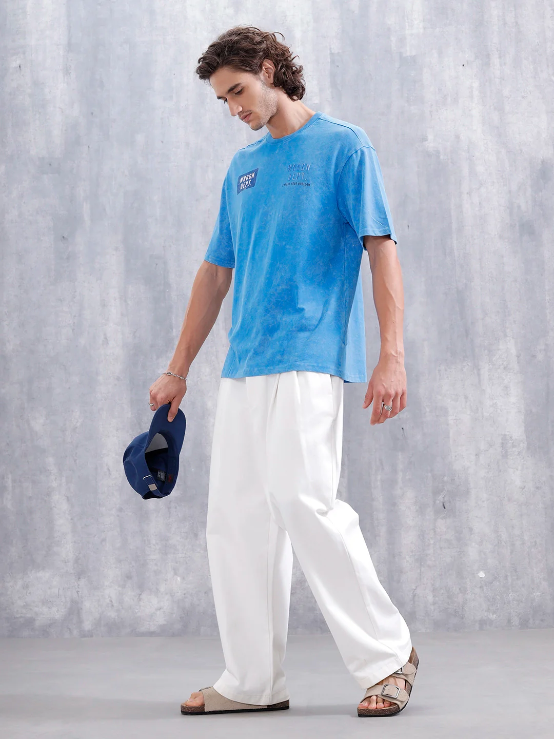 Washed Oversized Crew Neck Tshirt With Print | Blue - Image 2