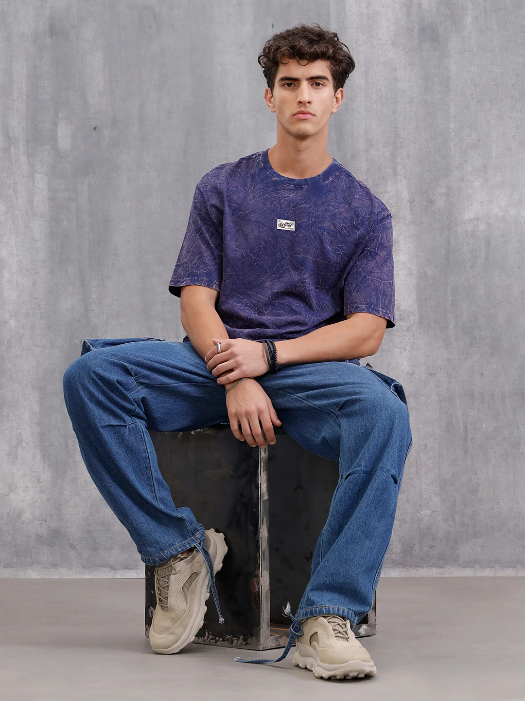 Washed Oversized Fit Pure Cotton T-Shirt  | Navy Blue - Image 2