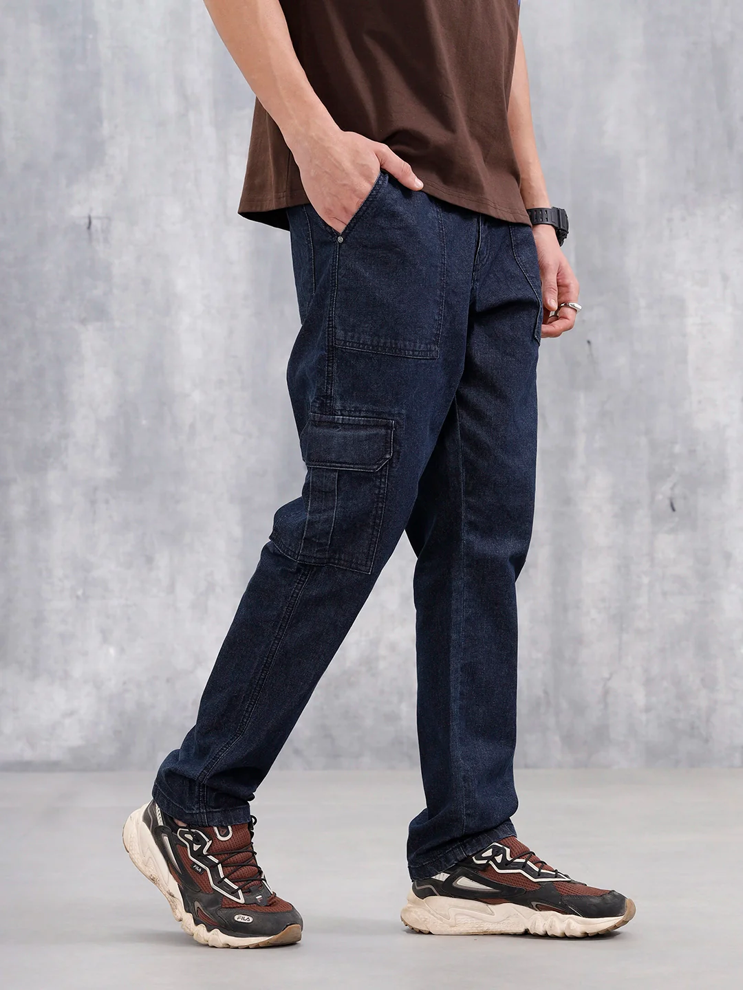 Washed Utility Cargo Jeans For Men | Dark Blue - Image 4