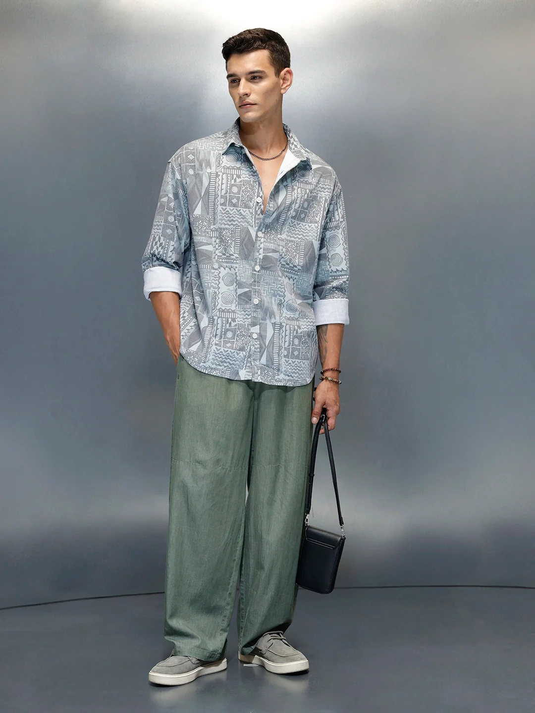 Wrogn Abstract Printed Oversized Fit Shirt | Grey - Image 2