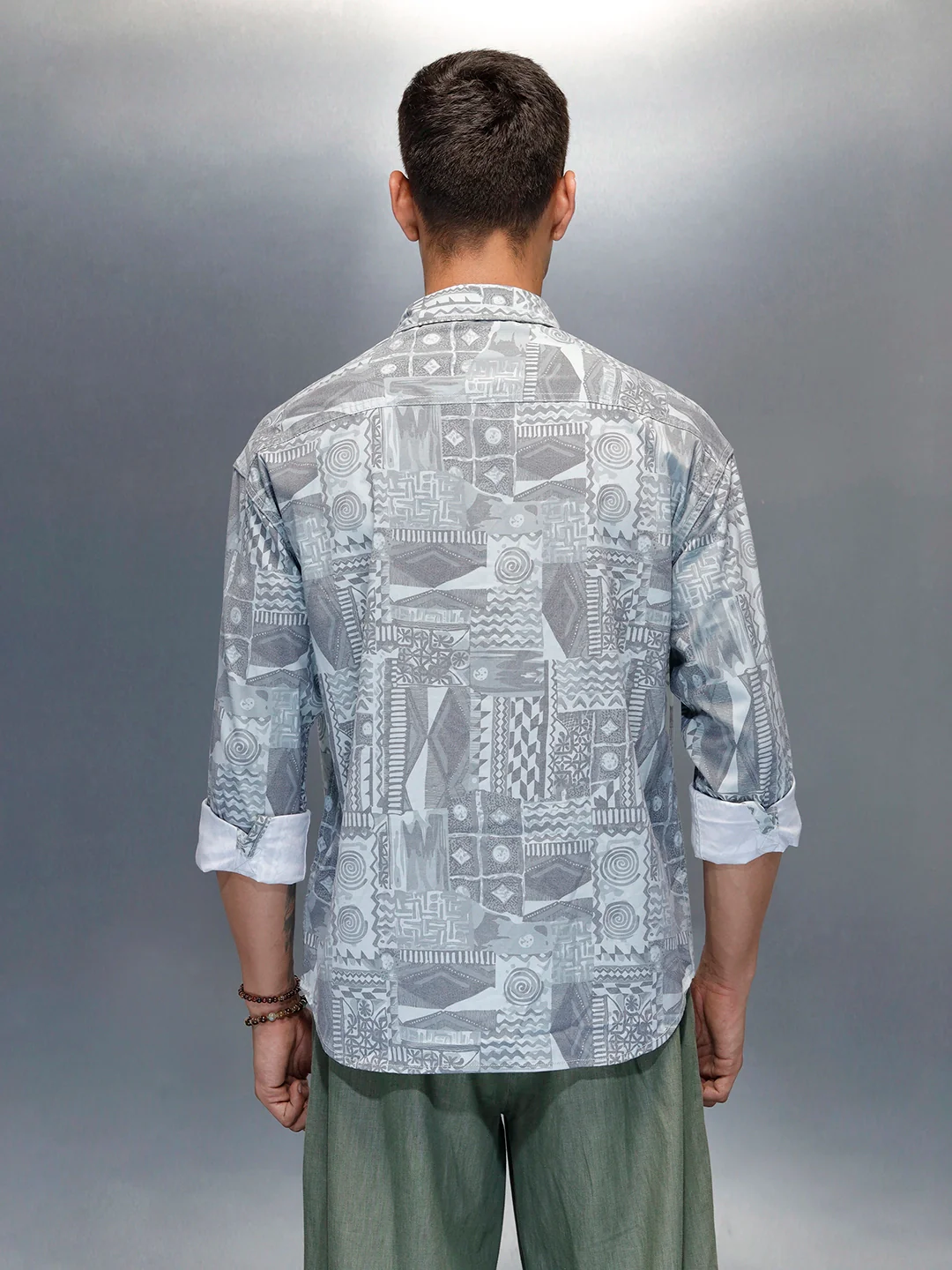 Wrogn Abstract Printed Oversized Fit Shirt | Grey - Image 3
