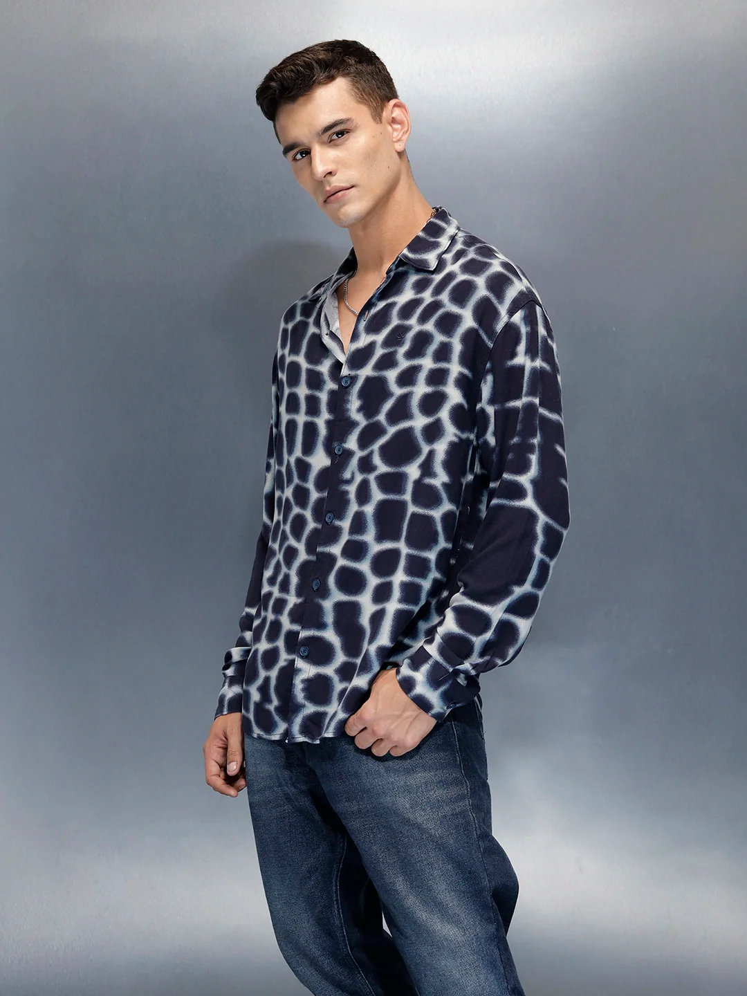 Wrogn Abstract Printed Oversized Fit Shirt | Blue - Image 4