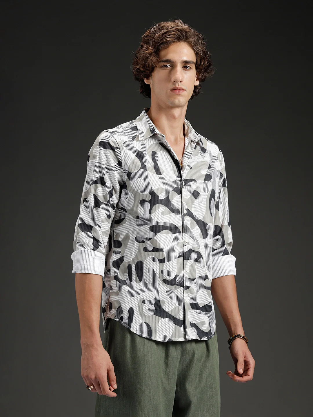Wrogn Abstract Printed Slim Fit Shirt | Beige - Image 4