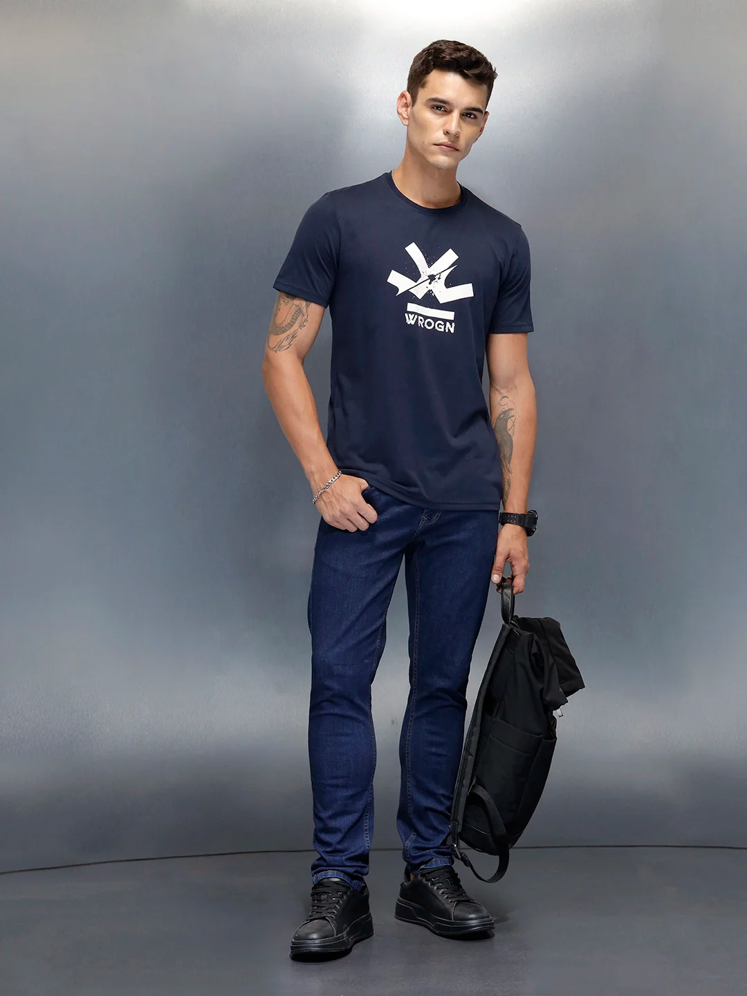 Wrogn Branded Men's Casual Regualr Fit T-Shirt | Navy Blue - Image 2