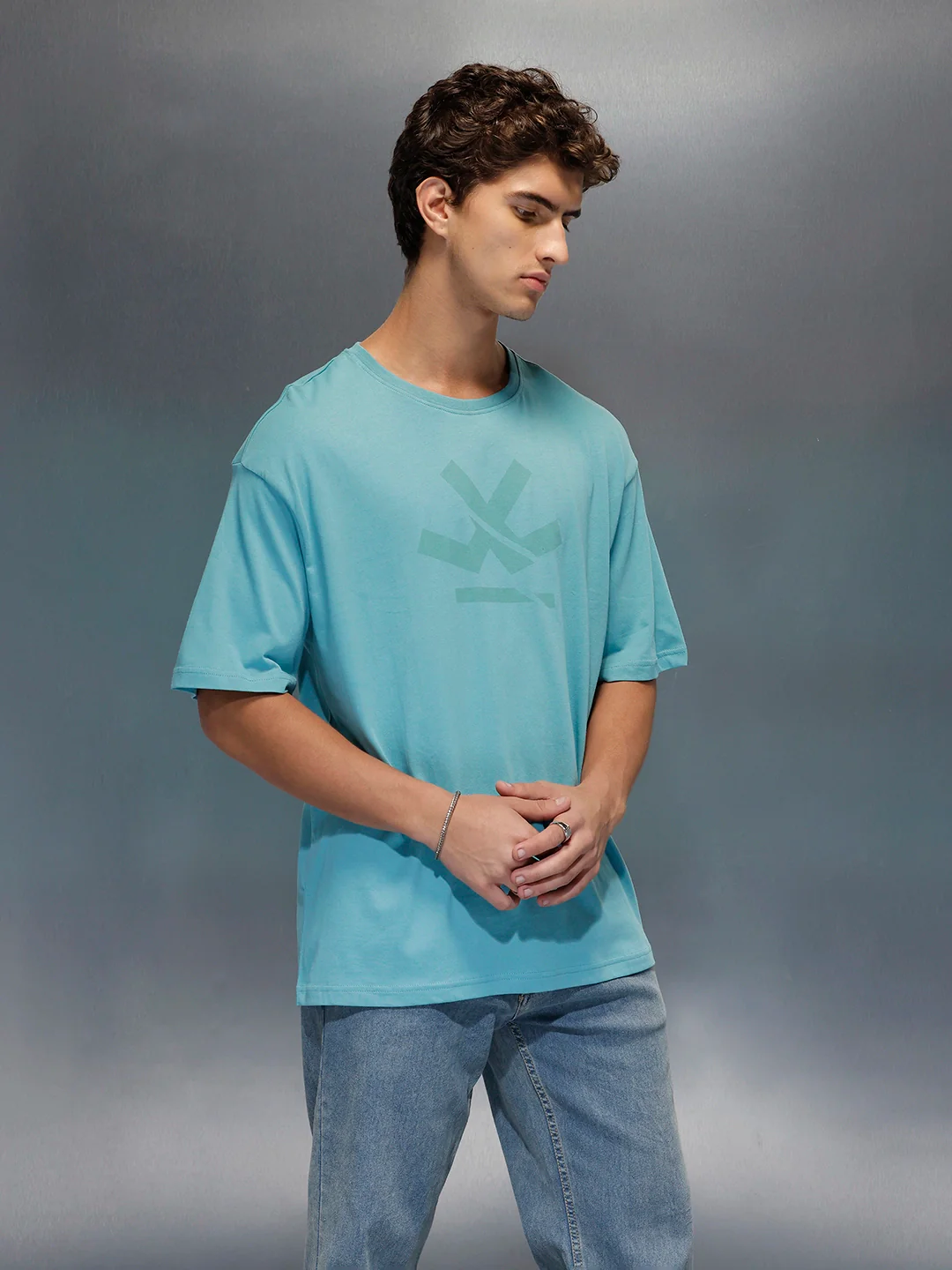 Wrogn Branded Oversized Casual Tee |  Teal - Image 4