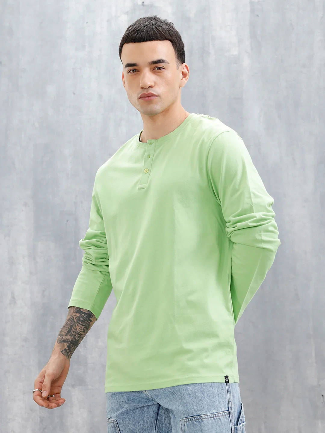 Wrogn Classic Henley T-Shirt For Men's | Green - Image 4