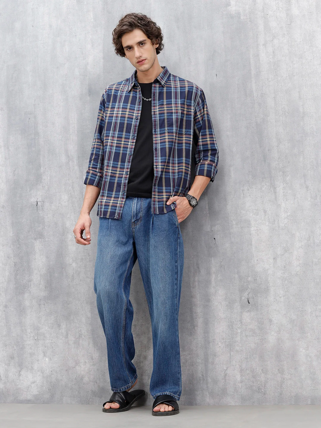 Wrogn Comfort Fit Checkered Shirt  | Navy Blue - Image 2