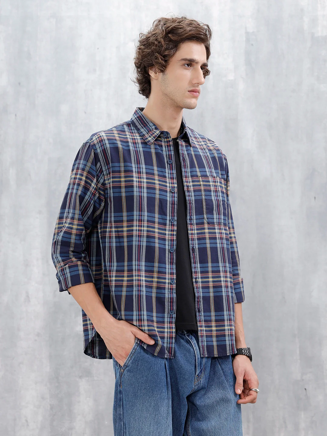 Wrogn Comfort Fit Checkered Shirt  | Navy Blue - Image 4