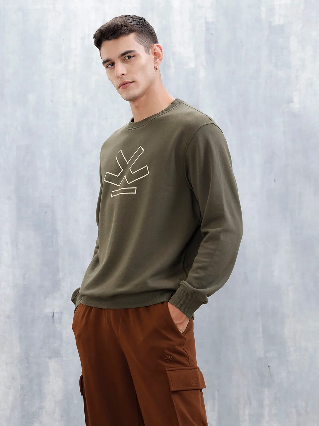 Wrogn Comfort Fit Graphic Sweatshirt For Men | Olive - Image 4