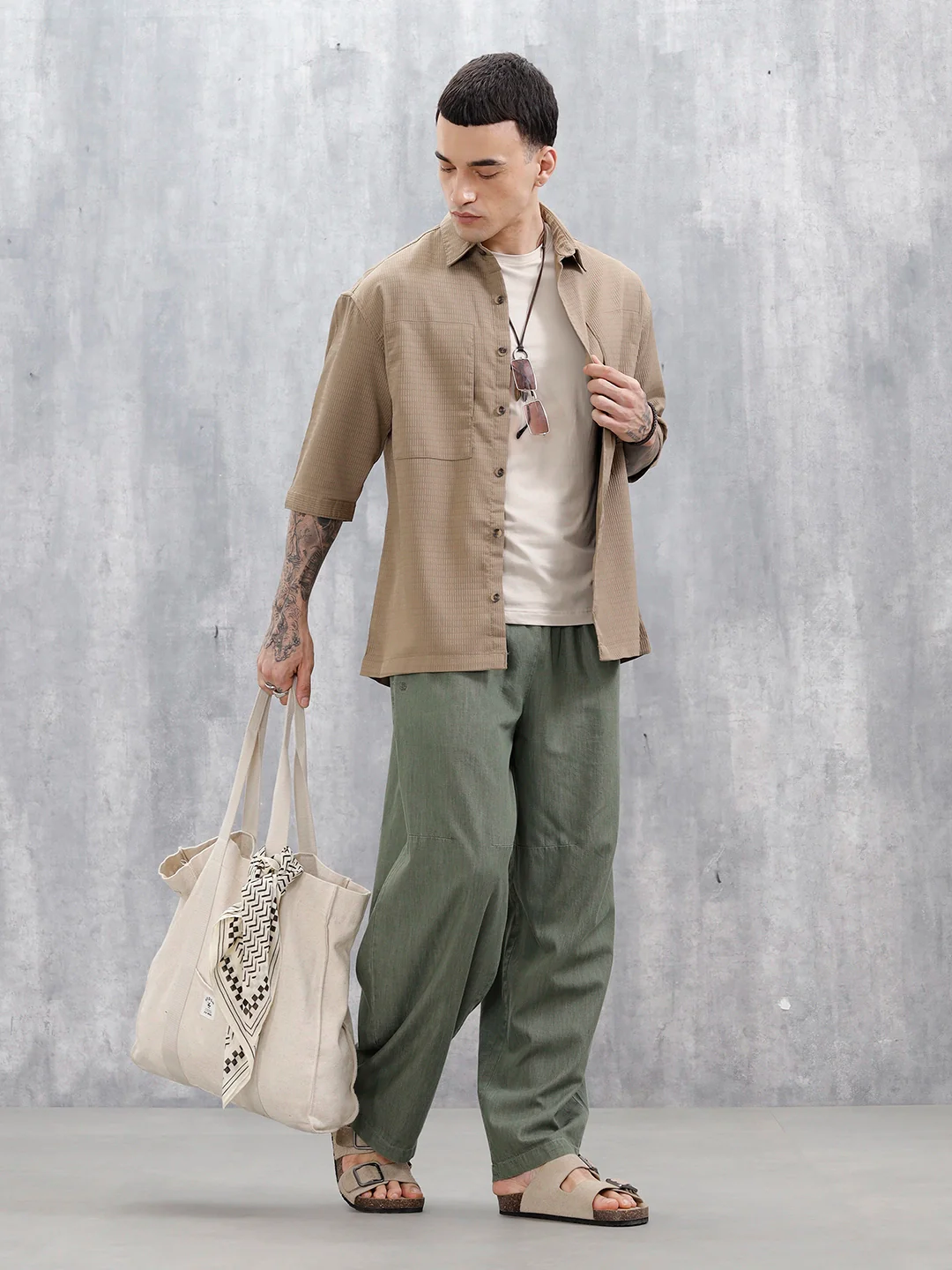 Wrogn Comfort Fit Self Textured Shirt | Khaki - Image 2