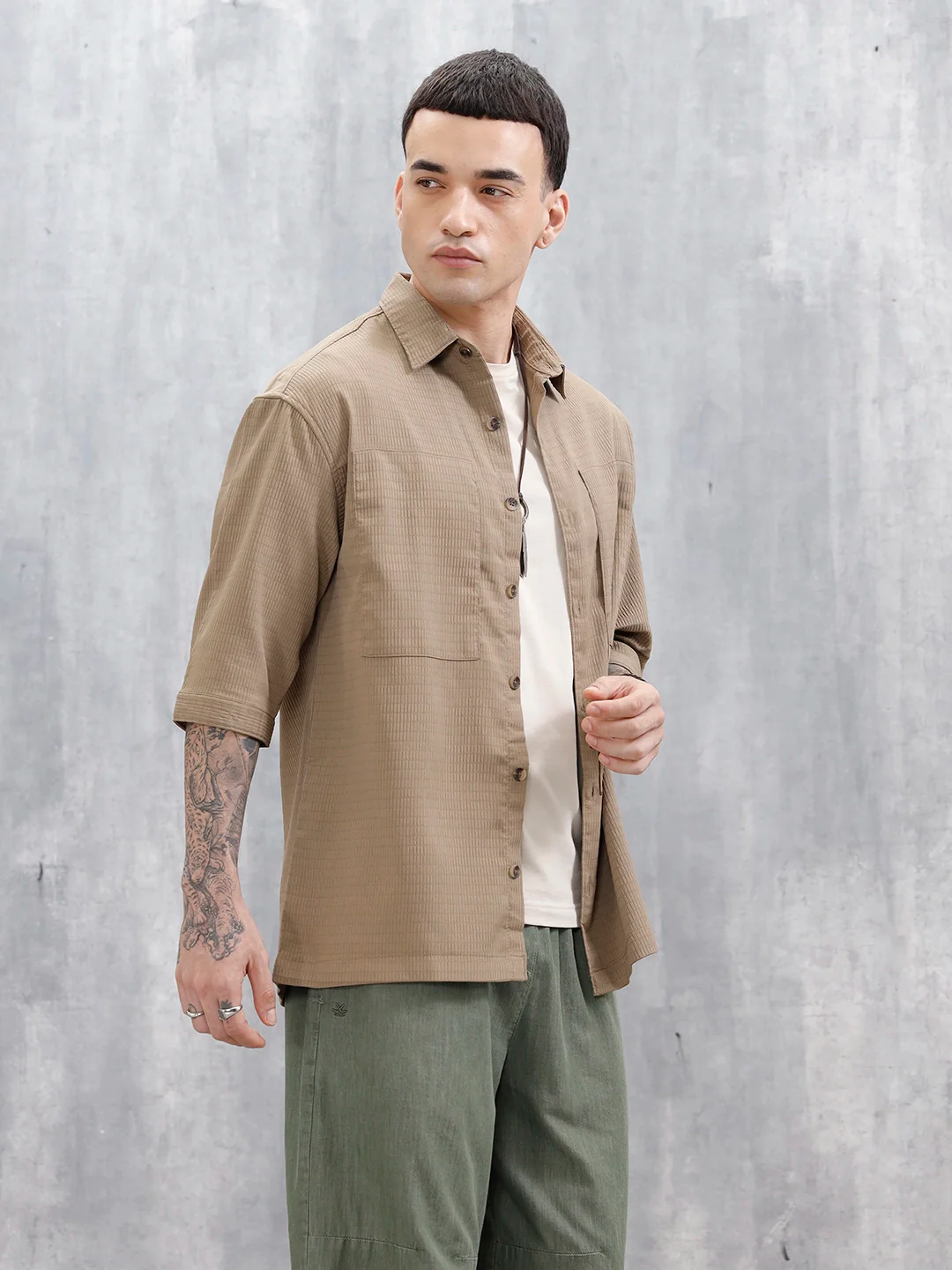 Wrogn Comfort Fit Self Textured Shirt | Khaki - Image 4