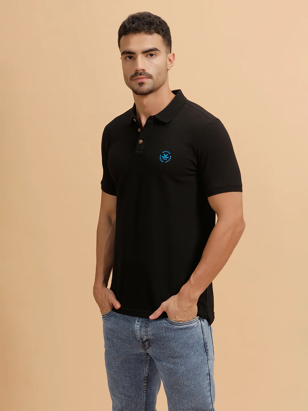 Wrogn Crest Print Polo T-Shirt | Black - Image 4