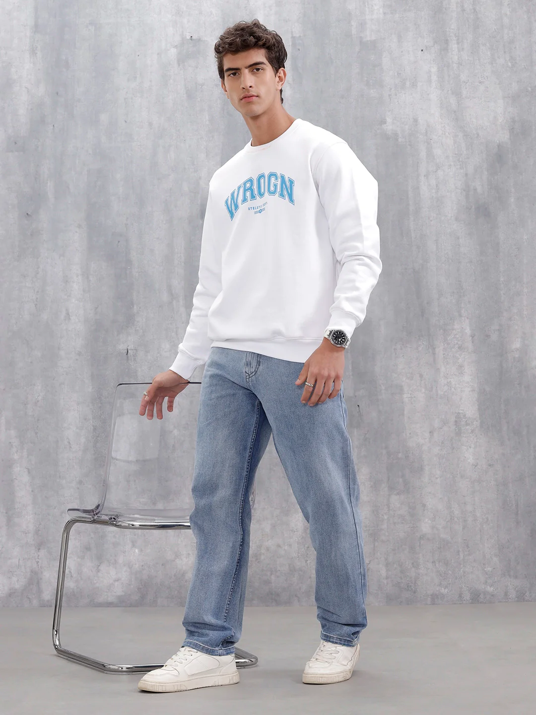Wrogn Graphic Printed Comfort Fit Sweatshirt | Ecru Melange - Image 2
