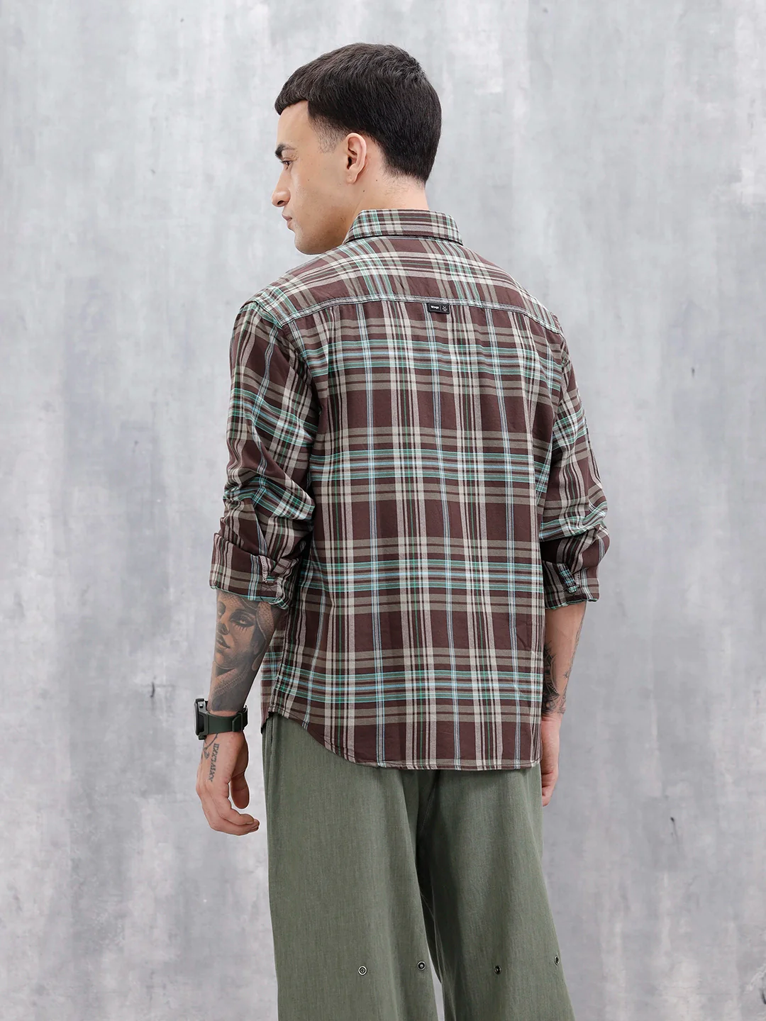 Wrogn Men’s Comfort Fit Checkered Shirt With Chest Pocket | Brown - Image 3