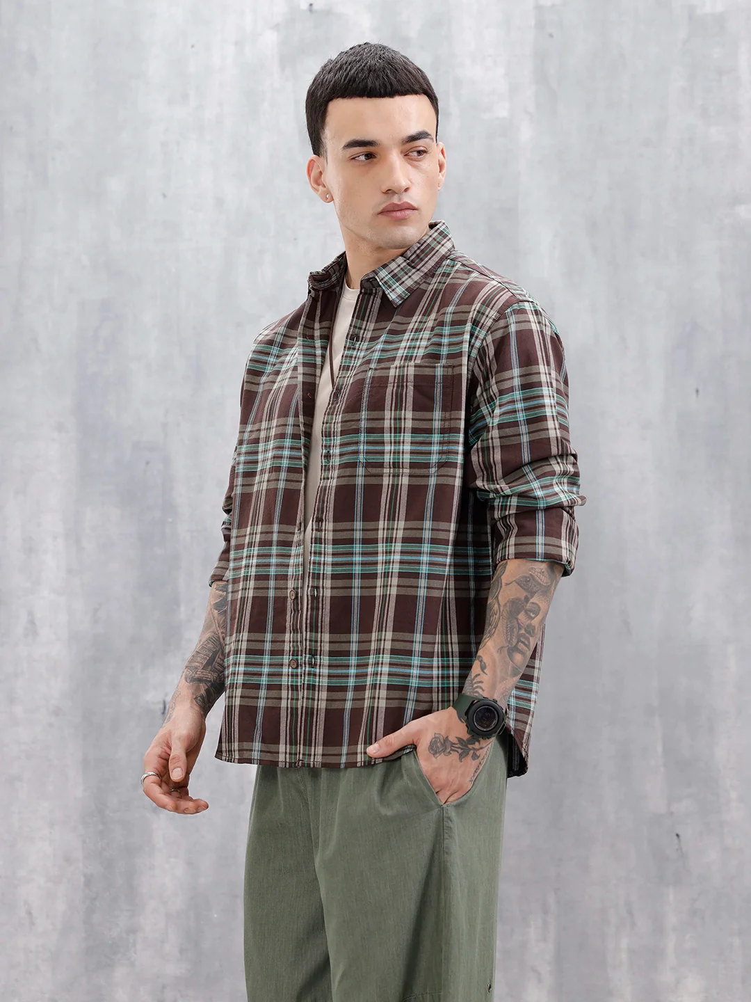 Wrogn Men’s Comfort Fit Checkered Shirt With Chest Pocket | Brown - Image 4