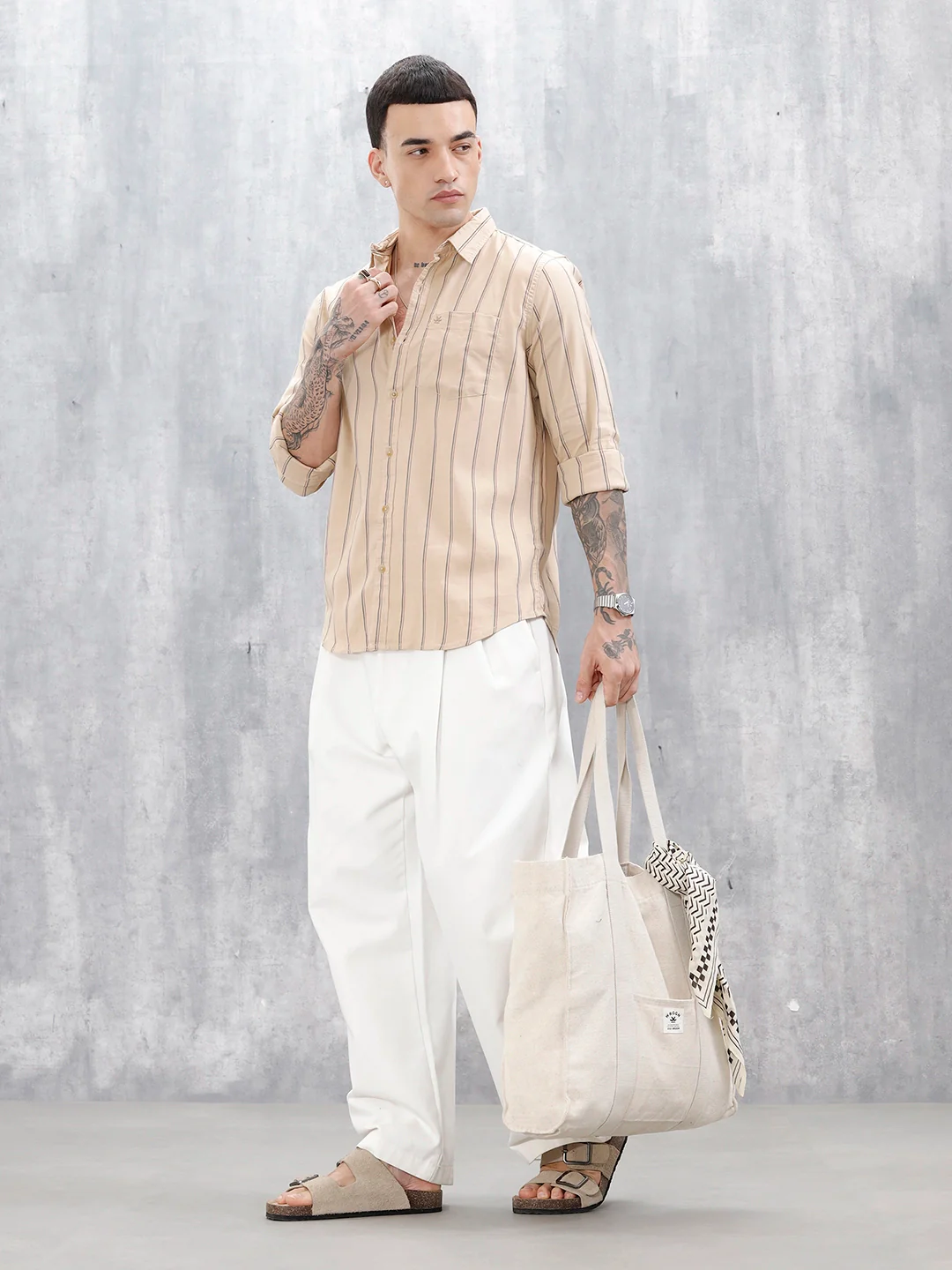 Wrogn Men’S Regular Fit Striped Shirt | Khaki - Image 2