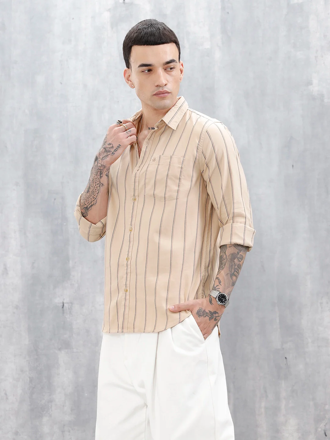Wrogn Men’S Regular Fit Striped Shirt | Khaki - Image 4
