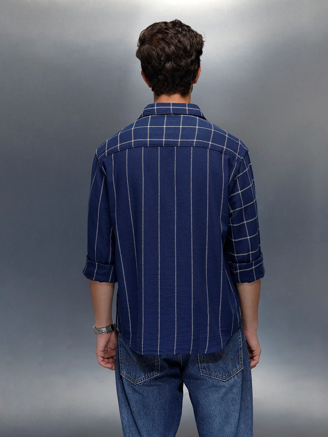 Wrogn Men's Casual Checked Shirt | Navy Blue - Image 3