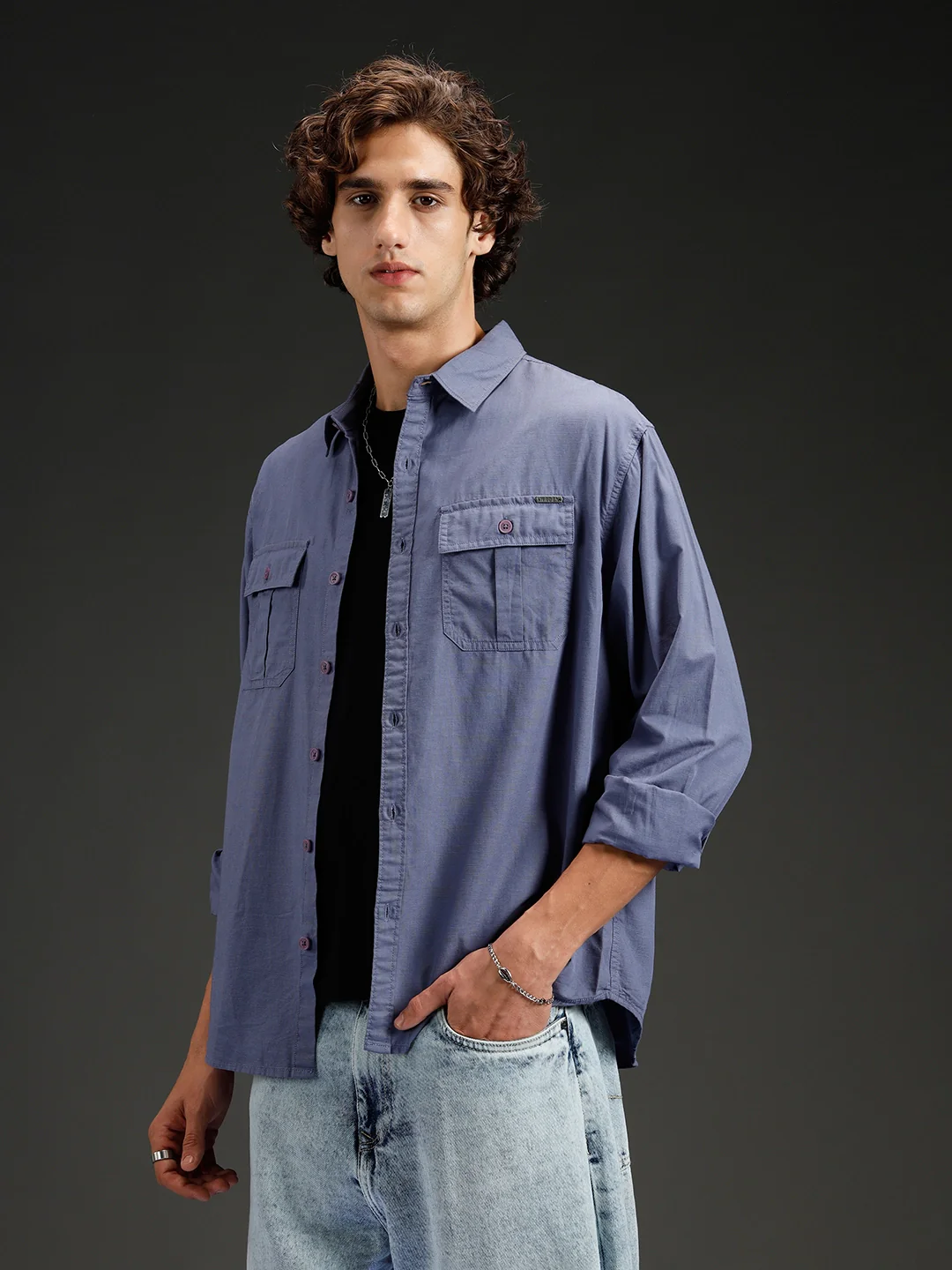 Wrogn Men's Casual Comfort Fit Double Pocket Shirt | Grey - Image 4