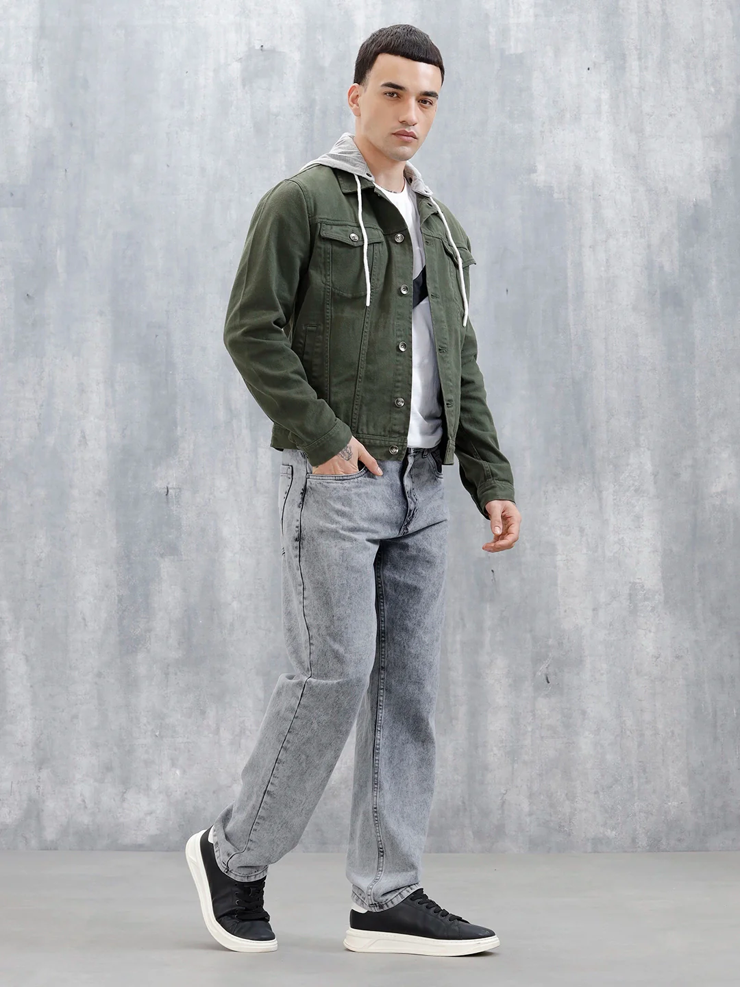 Wrogn Men's Casual Hooded Denim Jacket | Olive - Image 2