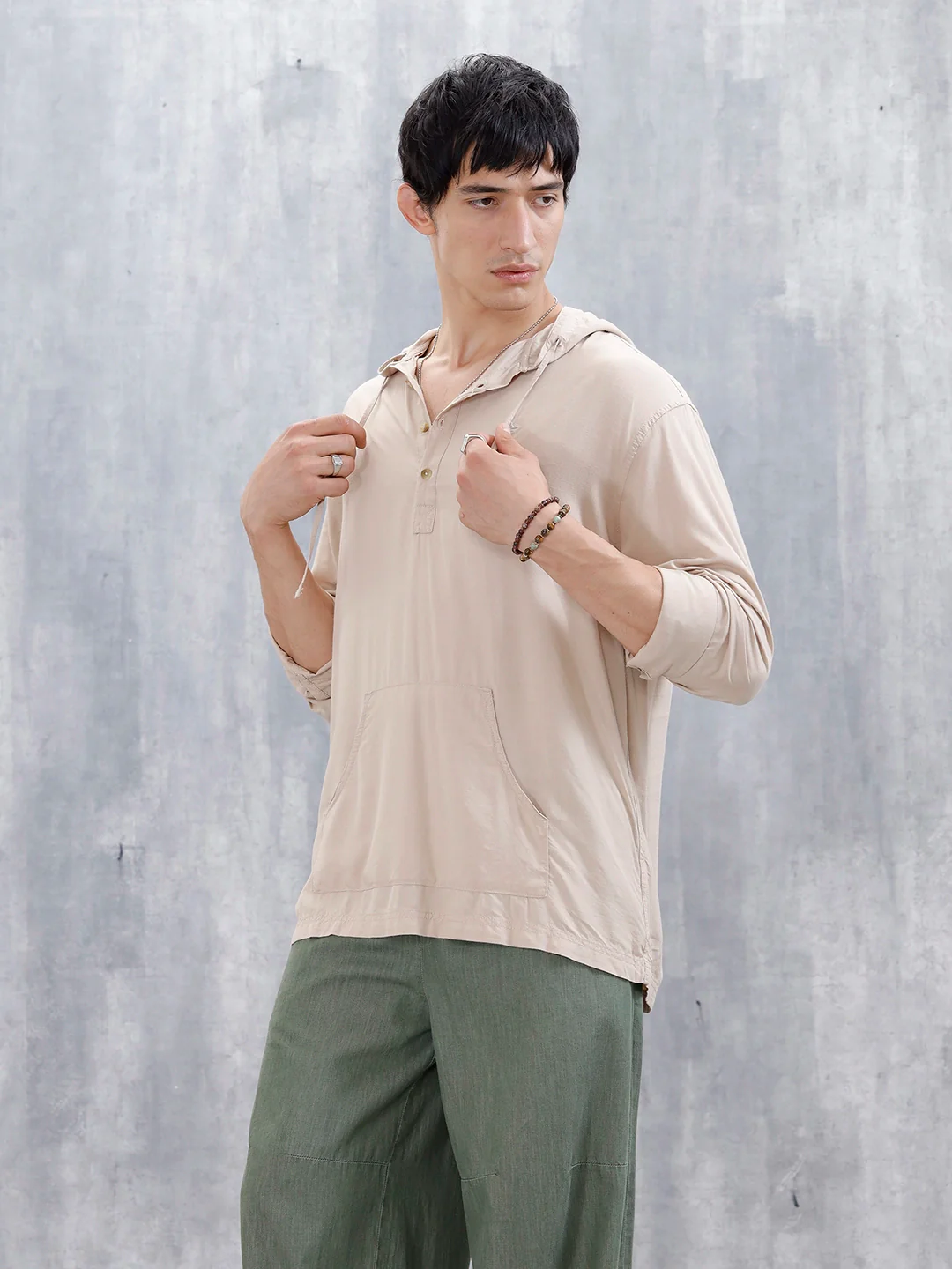 Wrogn Men's Casual Hooded Henley Pullover For Men's | Khaki - Image 4