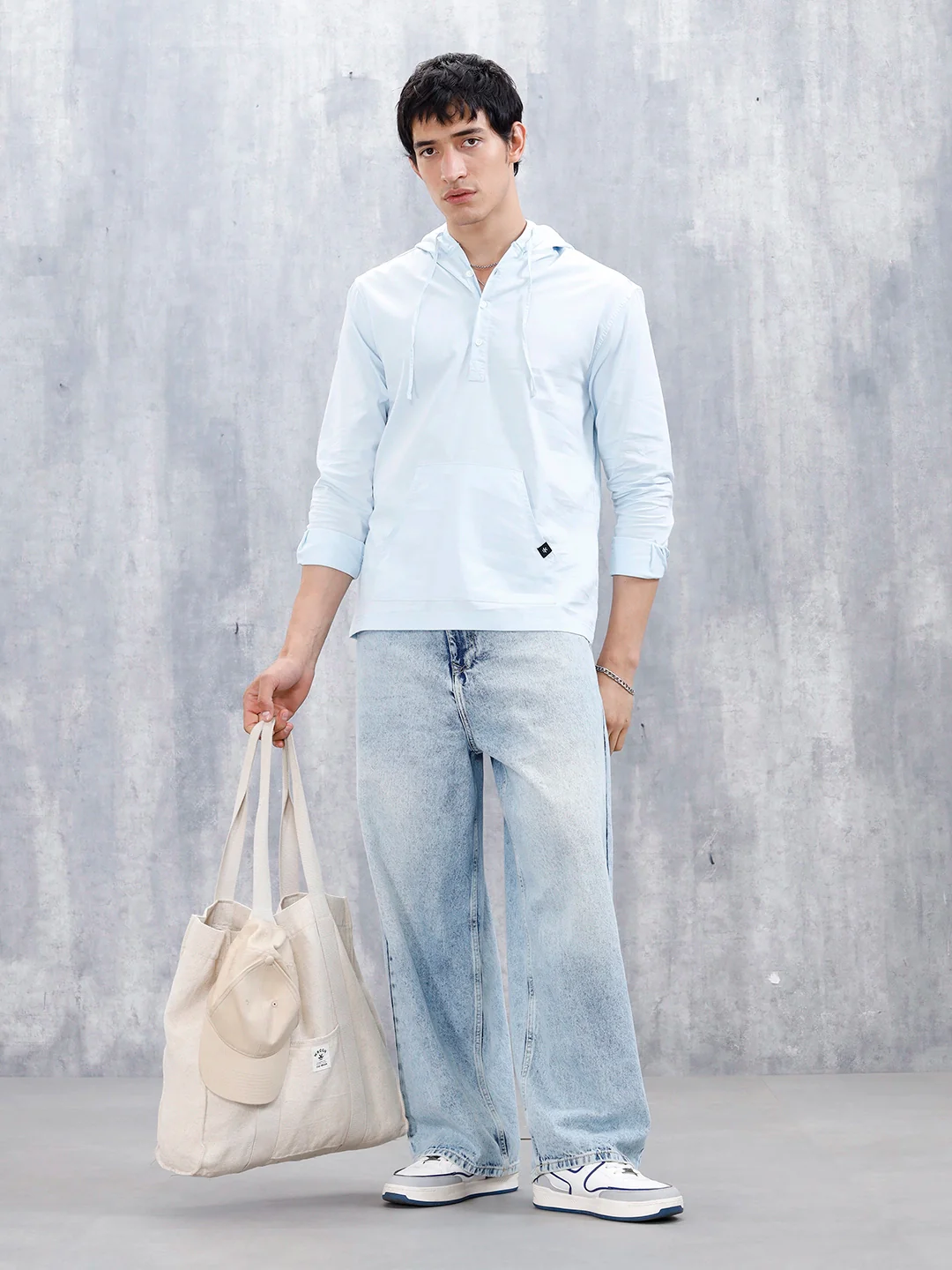 Wrogn Men's Casual Hooded Henley Shirt | Light Blue - Image 2
